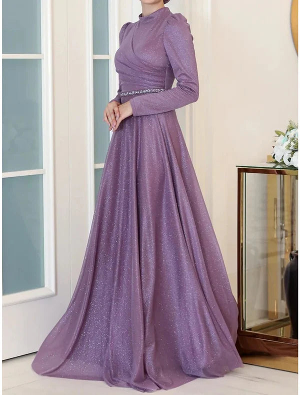 Luolandi A-Line Evening Gown Elegant Dress Formal Floor Length Long Sleeve High Neck Lurex Fabric with Rhinestone Pleats Ruched Mother of the Bride Dress